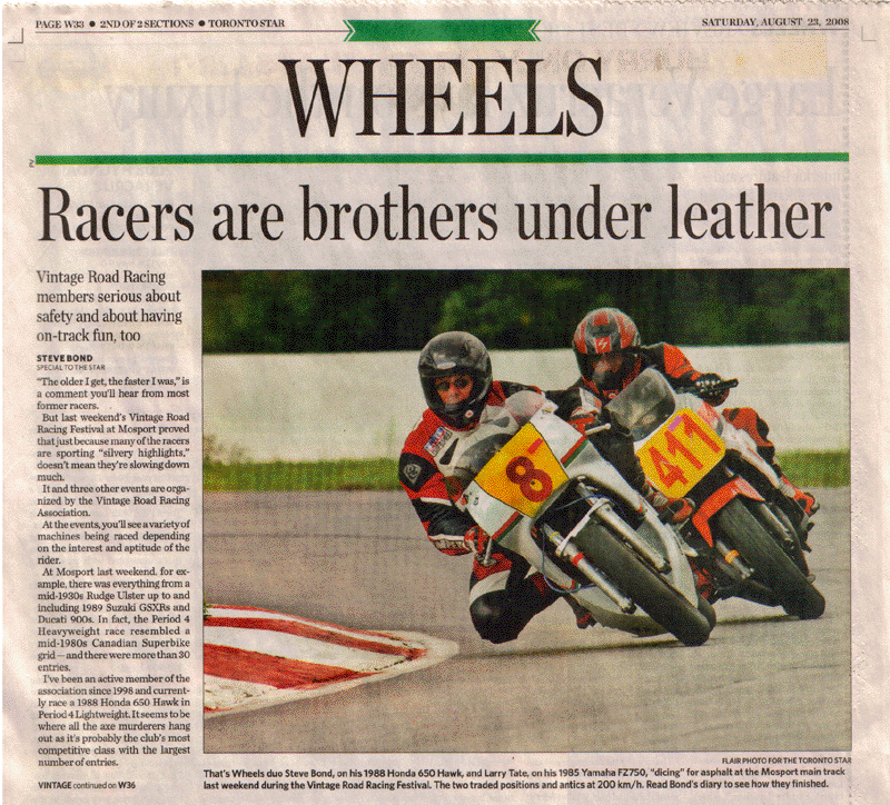Wheels, Toronto Star, Aug 23 2008 Vintage Motorcycle Racing coverage