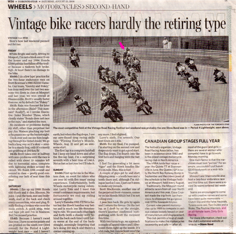 Toronto Star Wheels section, Aug 23 2008 Vintage Motorcycle Endurance Race photo and coverage